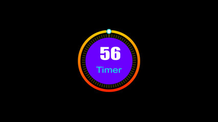 56 seconds digital clock countdown timer illustration. 3d countdown timer illustration, inside a 3d yellow and red circle on black background emergency timer countdown illustration.