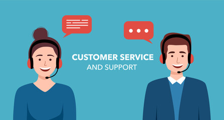 Call center, hotline flat vector illustrations. Smiling office workers with headsets cartoon characters. Customer support department staff, telemarketing agents. Multiethnic, diverse team.