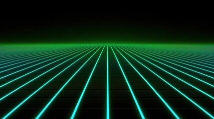 A grid of glowing neon green lines stretches into the distance on a dark background, creating a futuristic, digital landscape.