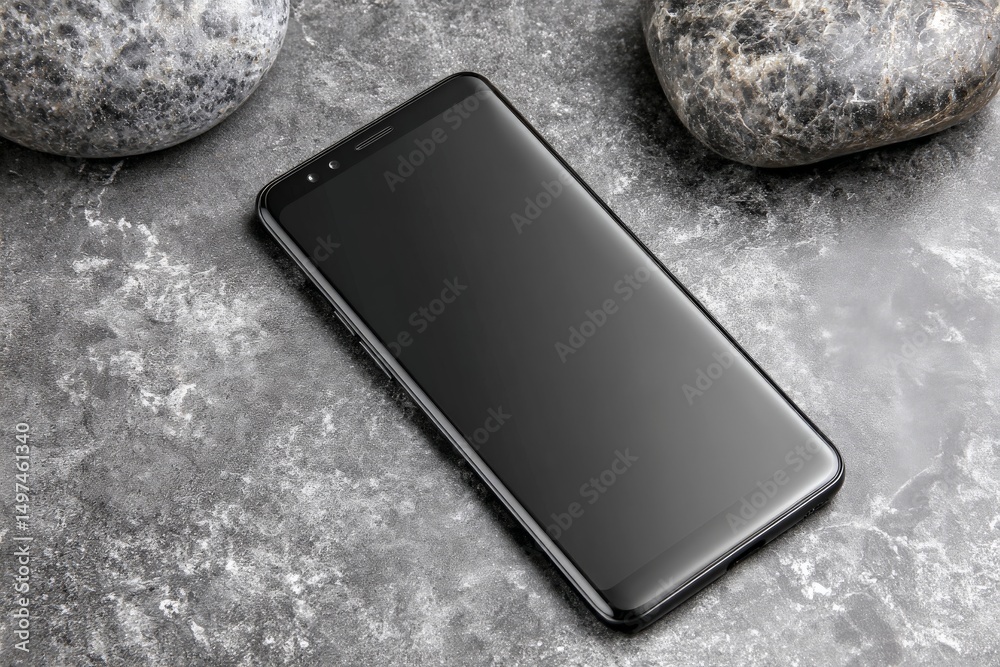 Poster smartphone resting on a stone surface with a minimalist and modern design contrasting natural textur