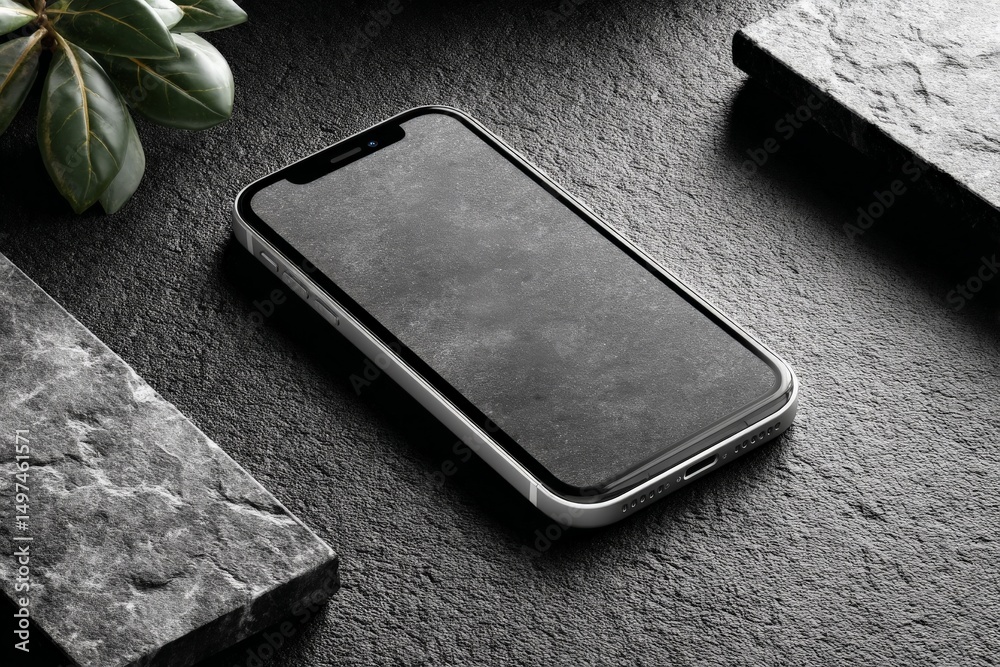 Poster modern smartphone placed on textured black stone surface surrounded by greenery in a contemporary se