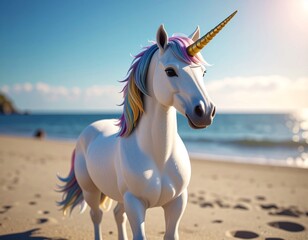 White unicorn with rainbow mane on sandy beach, summer fantasy.