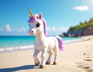 Cute cartoon unicorn enjoying a sunny day at the beach. Perfect for kids' content.