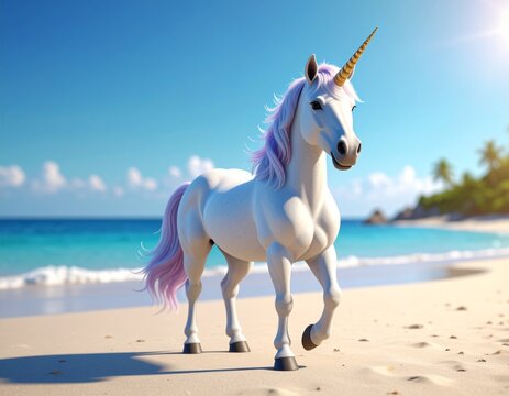 A beautiful white unicorn with a purple mane strolls along a pristine beach.
