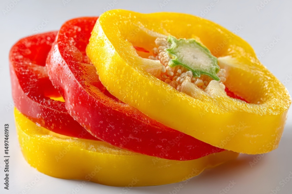 Poster colorful slices of bell peppers arranged artfully on a white background for culinary use in various 