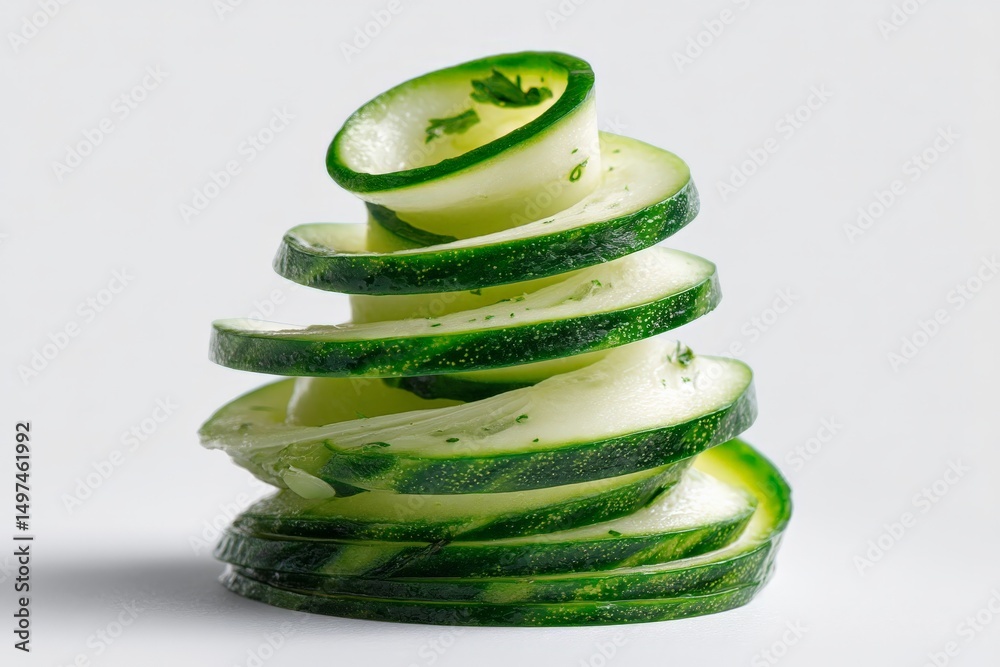 Poster Sliced cucumber arranged in a spiral tower on a plain background showcasing fresh vegetables