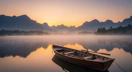 Obraz premium Boat on a misty lake at sunrise with mountains, for travel and nature photography use cases.