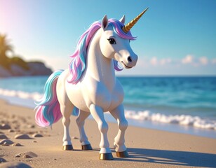 Cute unicorn enjoying a sunny day at the beach. Perfect for kids' books, websites, and more!