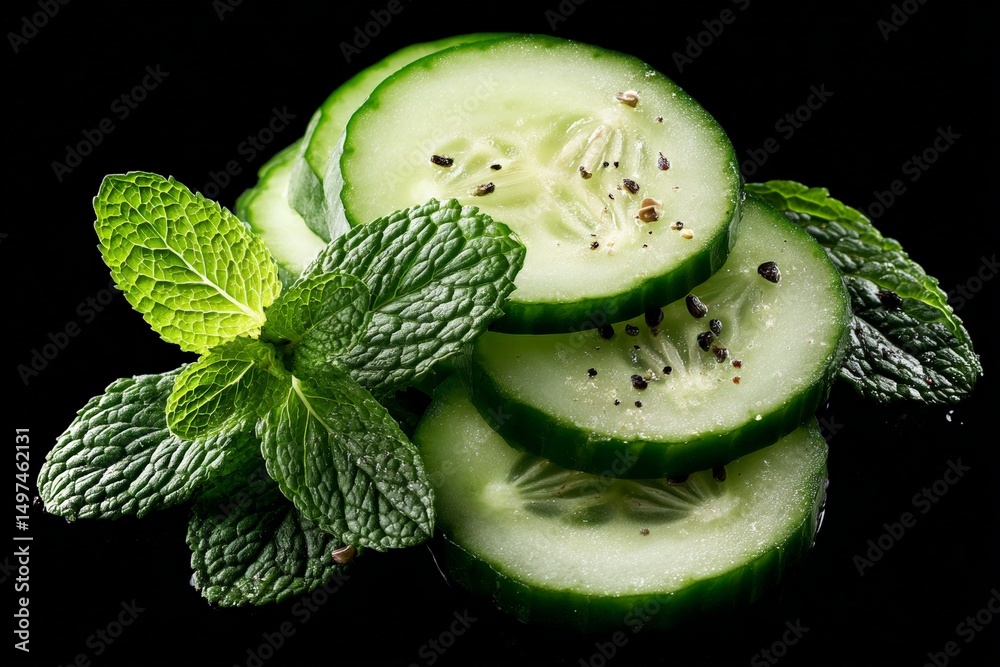 Poster fresh cucumber slices with mint leaves arranged on a dark surface showcasing vibrant colors and text