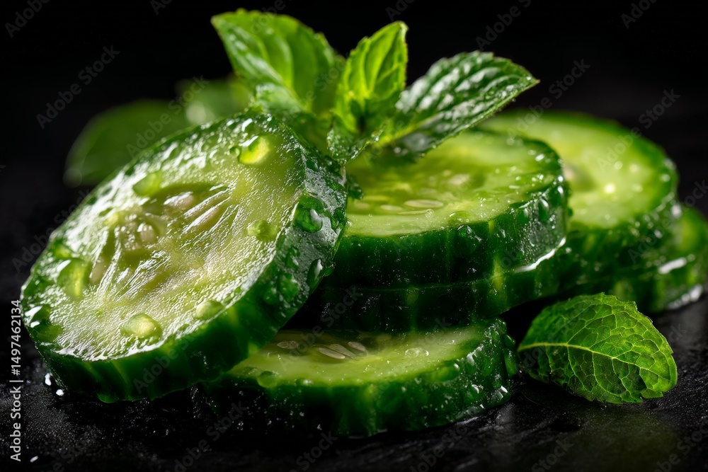 Poster fresh cucumber slices garnished with mint sit on a dark surface showcasing vibrant colors and textur