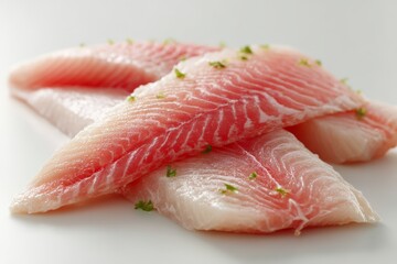 Fresh fillets of fish garnished with herbs ready for cooking or grilling