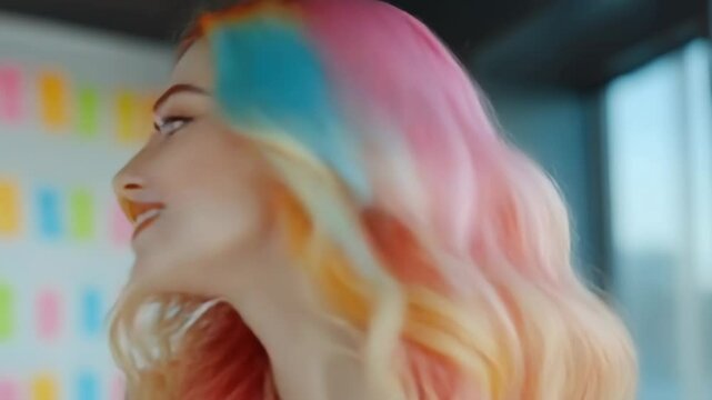 Charming young woman with colored hair spinning in modern office space, zoomer generation