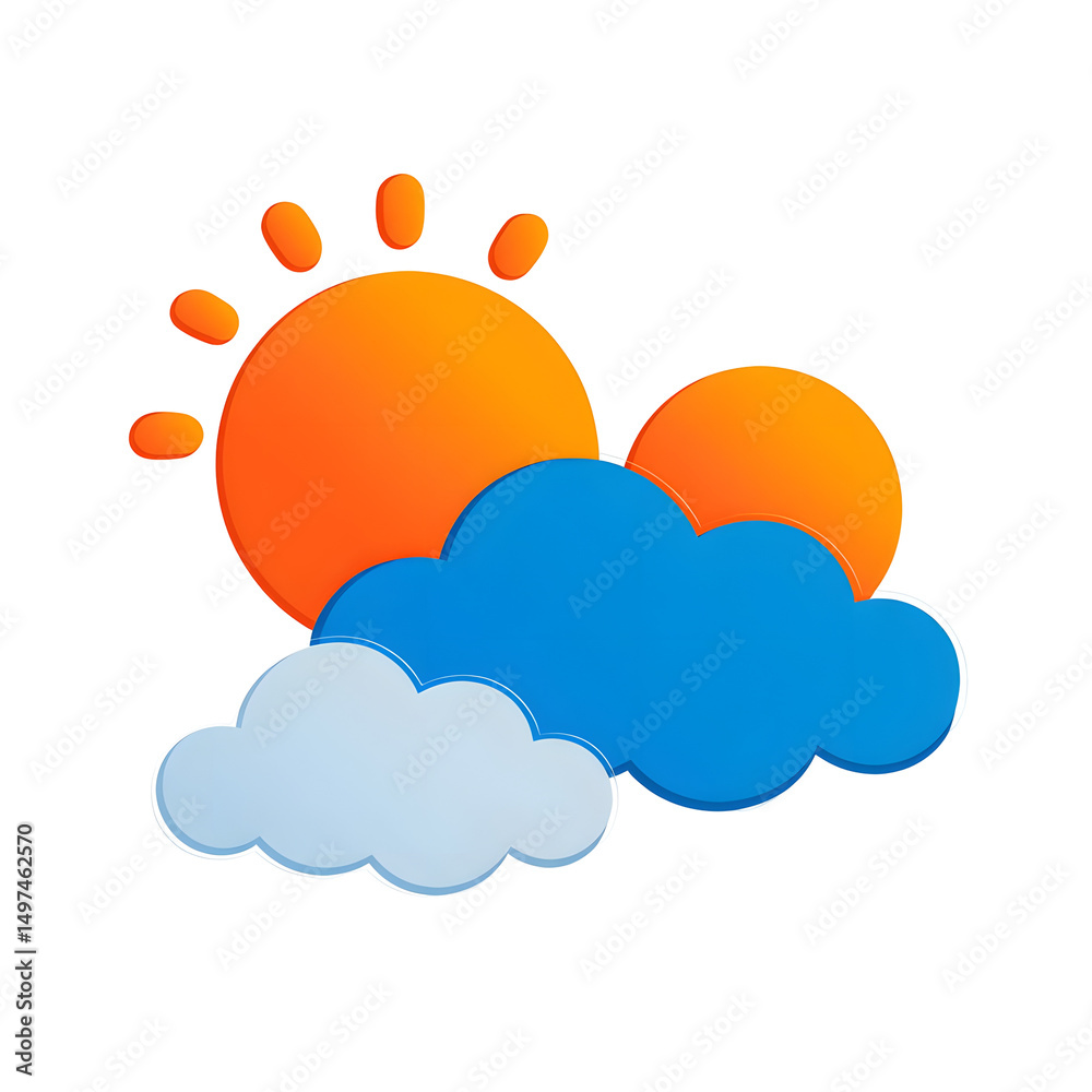 Aufkleber bright and simple graphic depicting a sun and two stylized clouds in a clear blue sky using a minima