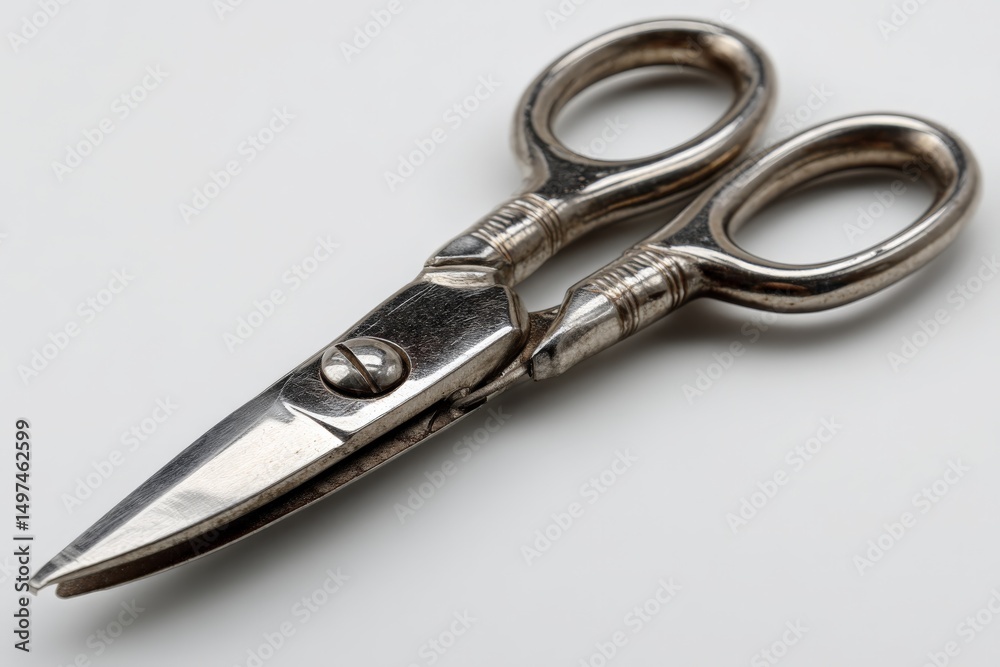 Poster Sharp metal scissors resting on a white background, showcasing intricate design and functionality for various cutting tasks