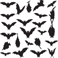 Create a kinds of silhouette, bird, animal, illustration, flying, nature, black, birds, set, sea, fly, fish, bat, wildlife, vector art with white background.