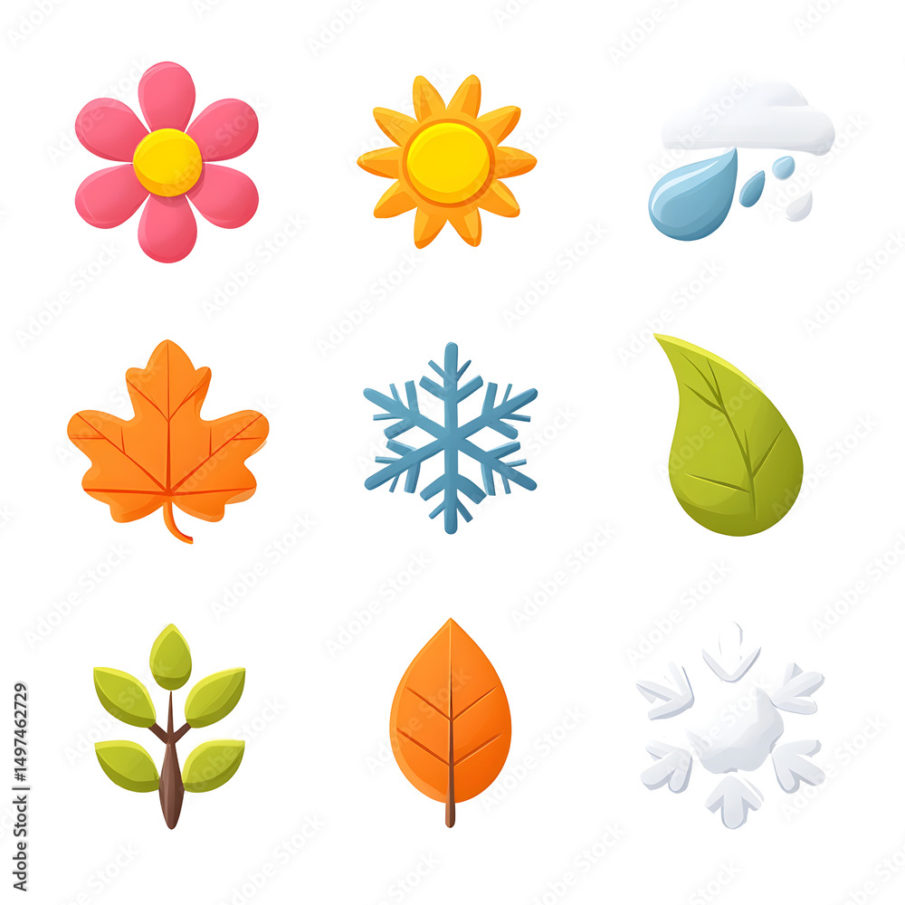 Poster a collection of stylized flat icons representing different seasonal weather elements including a blo