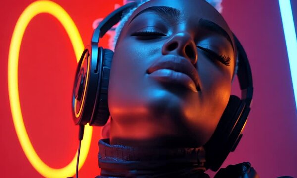Enjoying music in a vibrant setting with glowing lights and expressive energy