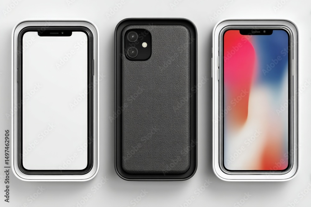 Poster new smartphone design displayed in sleek packaging showcasing innovative features and modern aesthet
