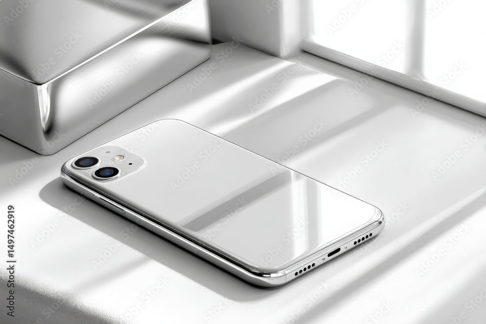 Aufkleber Smartphone resting on a surface near a window with natural light illuminating its sleek surface and reflecting shadows