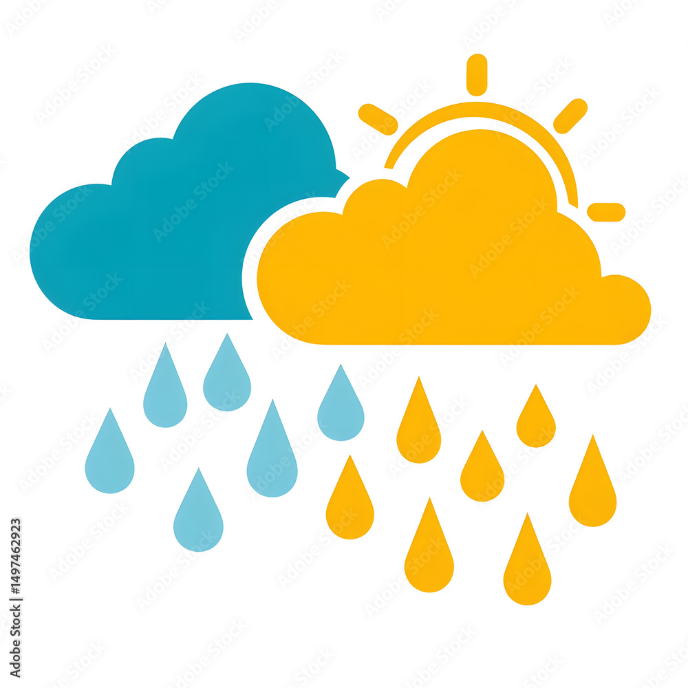 Poster a flat simplified weather icon showing a teal cloud with falling rain and yellow sun peeking through