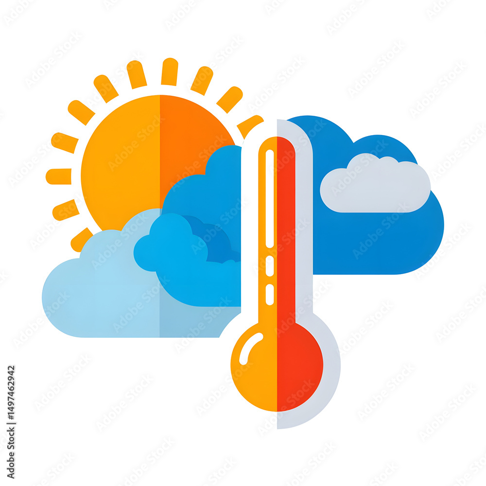 Poster bright flat design of a weather and climate icon depicting a sun clouds and a thermometer to represe