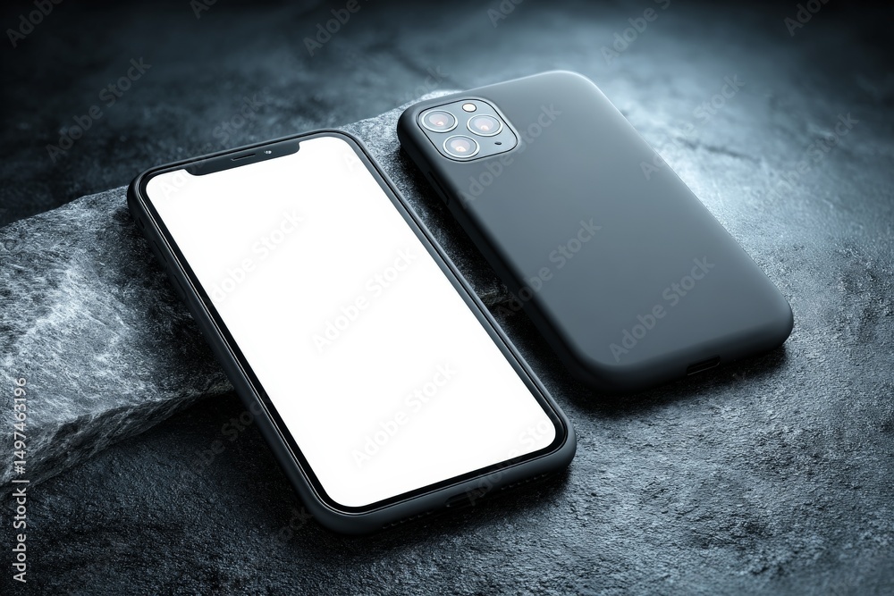 Poster Modern smartphone resting on a dark stone surface with a blank screen, showcasing sleek design and minimalistic style
