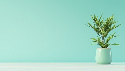 Green Plant in Teal Pot Against Textured Aqua Wall