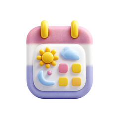 Playful and stylized 3D calendar icon with a pastel color palette featuring a sun cloud and other cheerful graphic elements