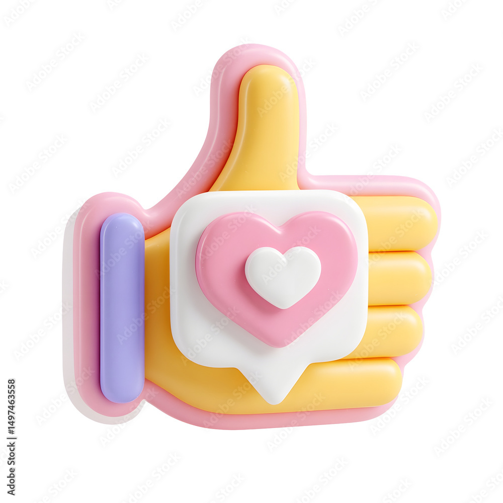 Poster vibrant pastel colored 3d icon depicting a hand making a positive thumbs up gesture with a heart sha