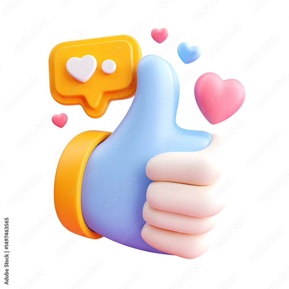 Poster A vibrant 3D rendering of a pastel colored hand gesturing a thumbs up with a floating heart shaped speech bubble against a soft white background