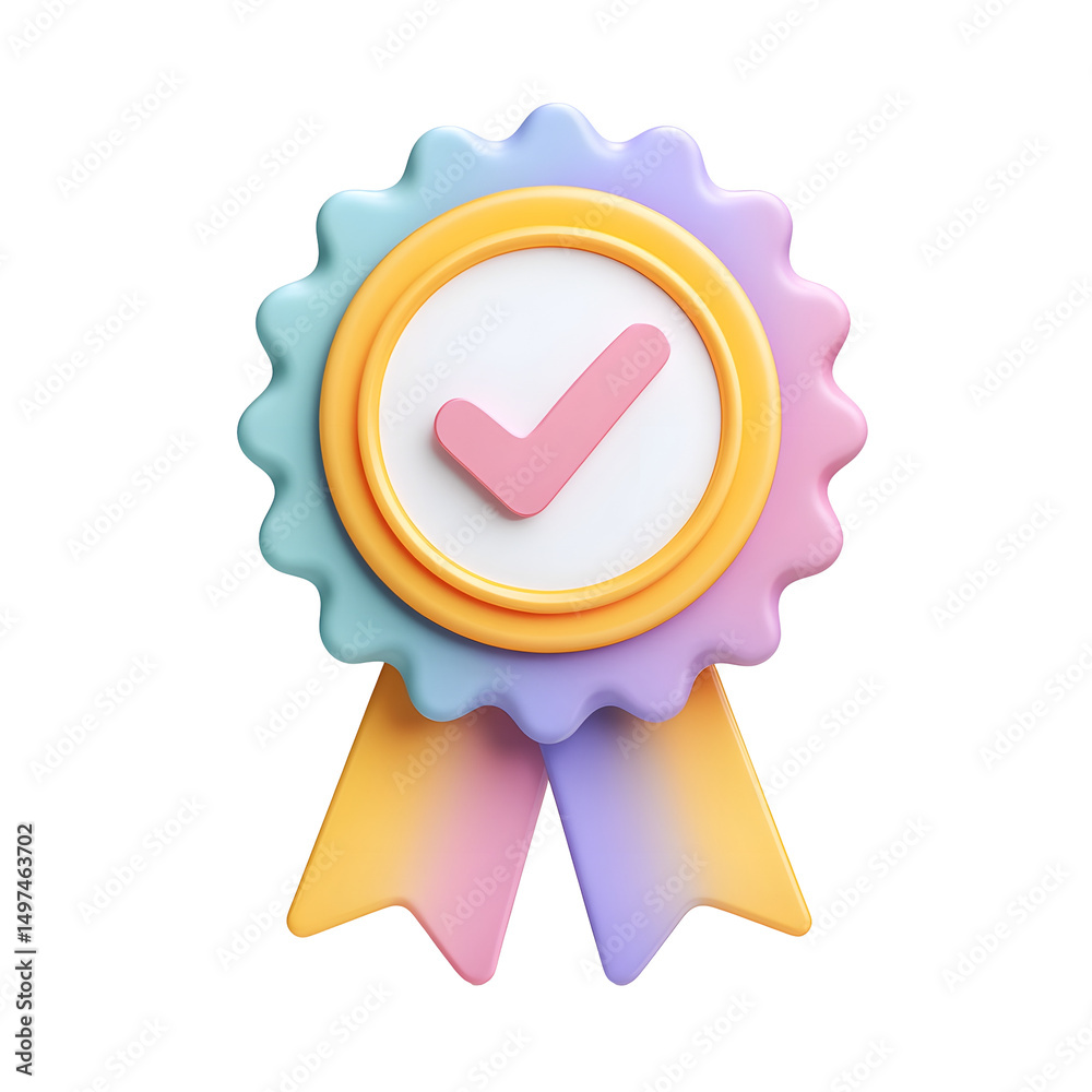 Poster A visually striking 3D rendered pastel colored badge design featuring a checkmark symbol within a circular ribbon representing assurance and validation