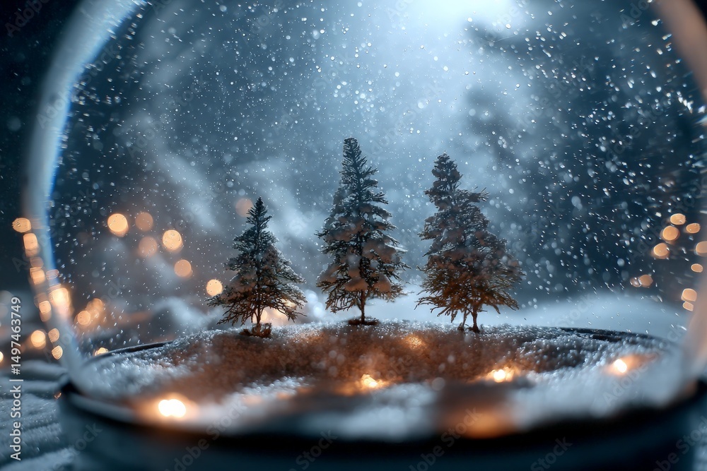 Poster snow globe featuring miniature evergreen trees surrounded by sparkling snow and warm lights creating