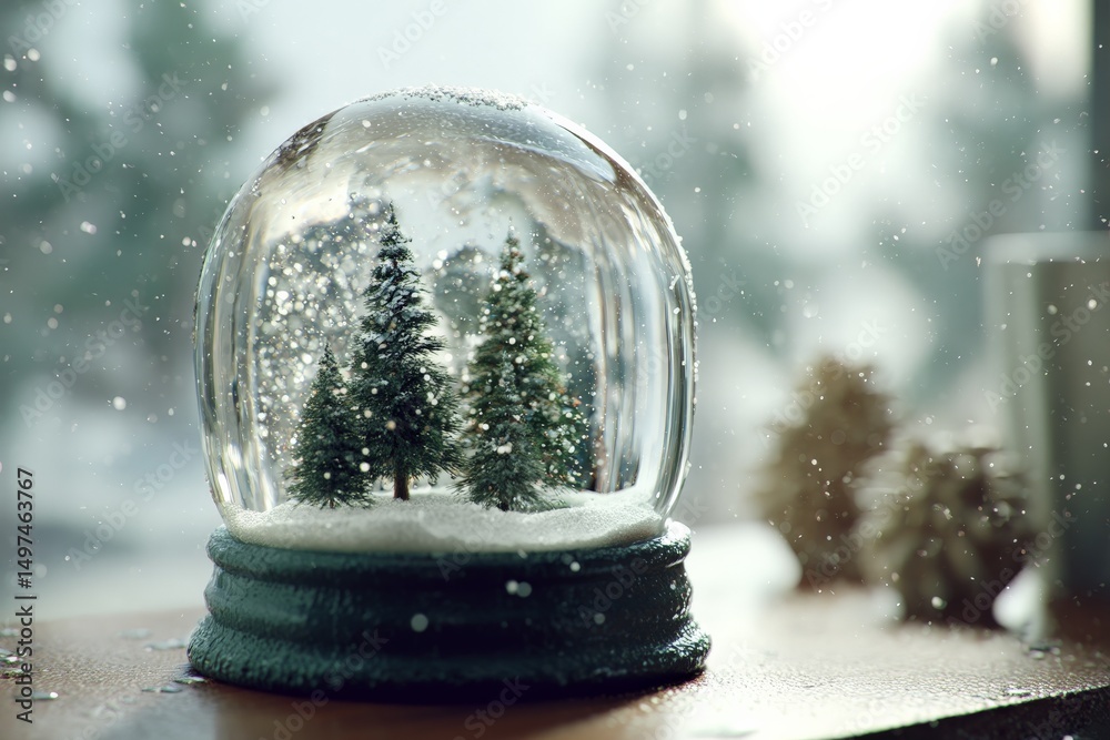 Poster Snow globe depicting miniature trees and snowy landscape on a winter day with soft light filtering through