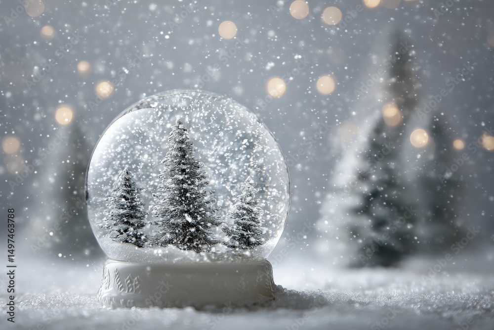 Poster snow globe depicting evergreen trees with a winter wonderland background and gentle snowfall