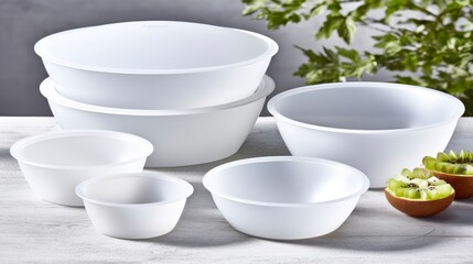 Fototapeta premium Assorted White Bowls in Various Sizes Arranged on a Table with Fresh Fruits and Greenery Background