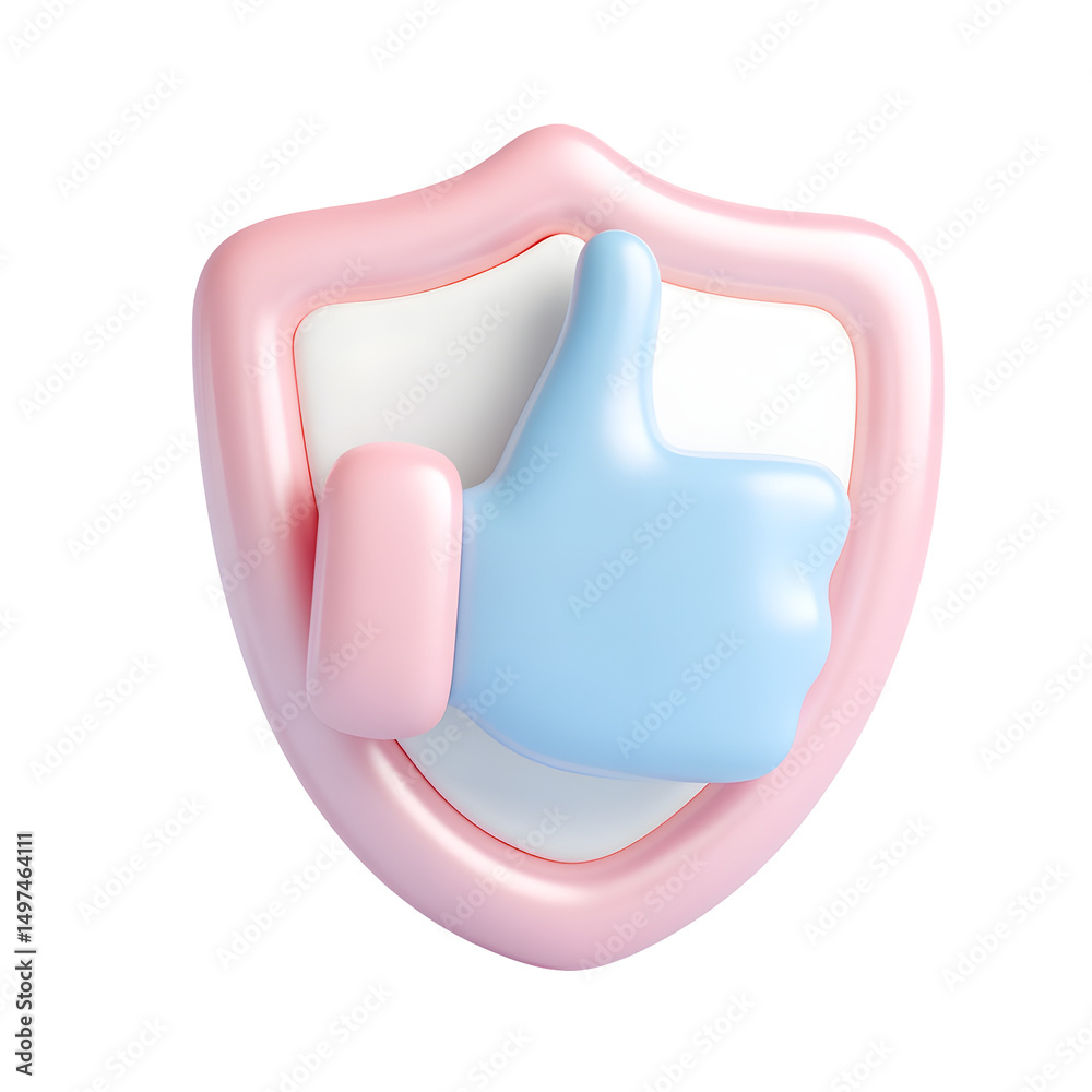 Aufkleber Soft pastel colored 3D thumbs up icon floating in front of a calming shield shaped background symbolizing approval safety and positive endorsement