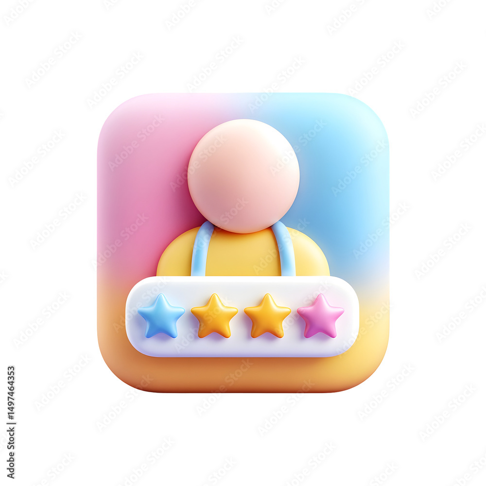 Poster A cute and minimalist 3D icon featuring a profile figure with a rating bar displaying three stars set against a vibrant pastel color background