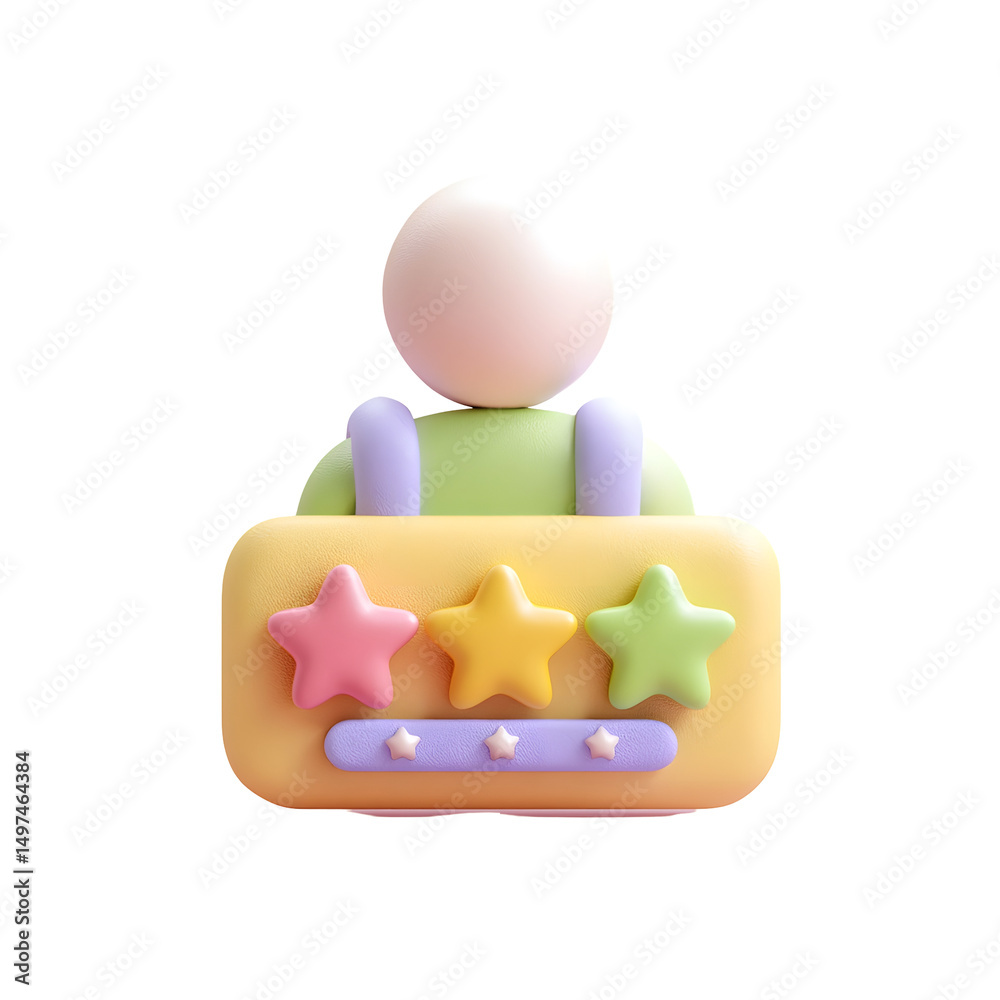 Poster cute pastel 3d icon of a profile figure with a rating bar showing three vibrant stars against a soft