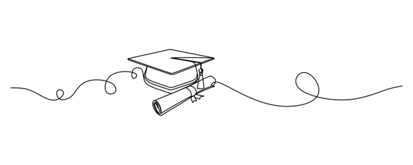 Continuous line drawing of graduation cap. Academical graduation hat equipment element icon template concept. Celebration ceremony master degree academy graduate sketch outline vector