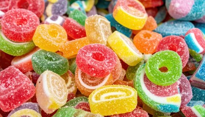 Assortment of colourful sugary fruit jelly candies piled high for snacking delight