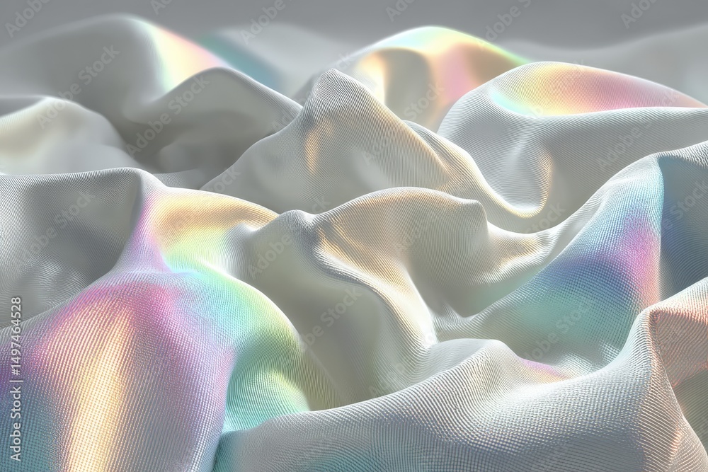 Poster Soft fabric draped with iridescent colors reflecting light in a serene setting during daylight hours