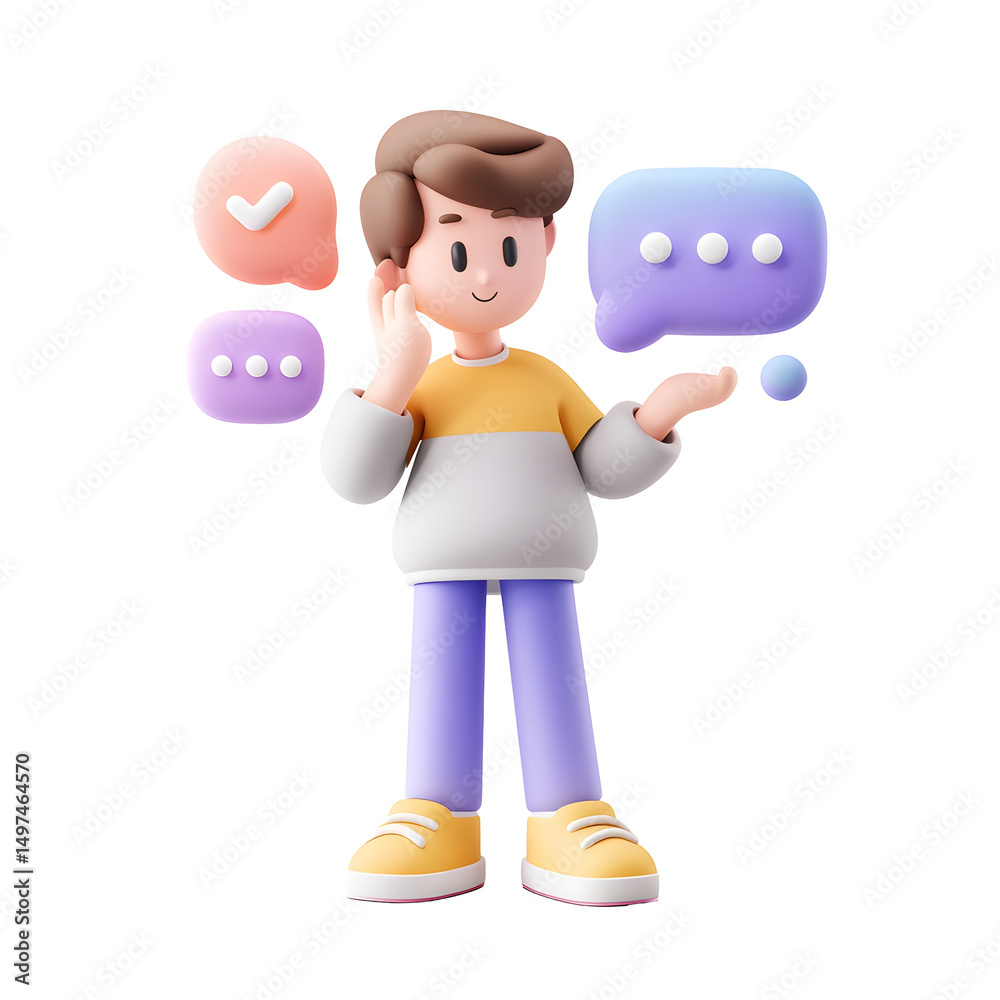 Aufkleber Friendly 3D character in pastel colors listening attentively with a floating bubble displaying a confirmation symbol creating a positive and engaging virtual interaction