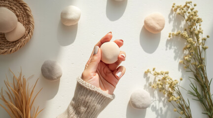 person holds a light-colored sphere against a white wall adorned with decorative spheres.