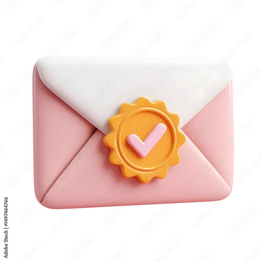 Poster a clean smooth 3d rendering of a pastel pink envelope with a yellow circular approval badge in the c