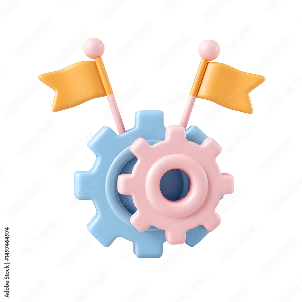 Poster Playful pastel colored 3D gear or cog icon with two small flags representing technology progress and teamwork in a minimalist modern design