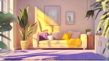 Sunlit Living Room Interior Design Cozy Pastel Decor with Plants