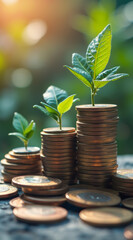 stack of coins supports young plants reaching towards sunlight.