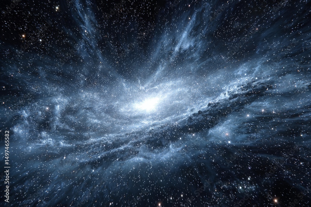Poster view of a magnificent galactic spiral illuminated by bright stars in the depths of space