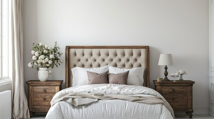 Neutral-toned bedroom isolated on white background
