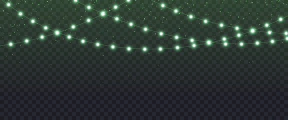 Green Christmas light garland background isolated on dark for Saint Patrick day or Halloween. Abstract Christmas lights with magic glow effectand glitter. Green garland vector illustration © viktoria_ngm